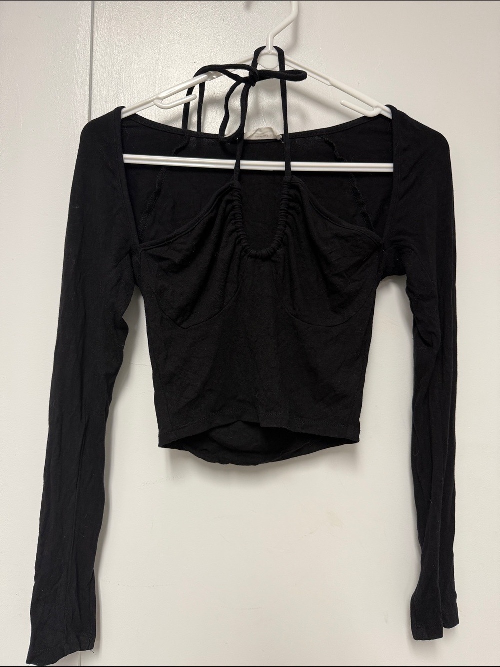 Elodie Black Ruched Halter Long-Sleeve Crop Top with Tie